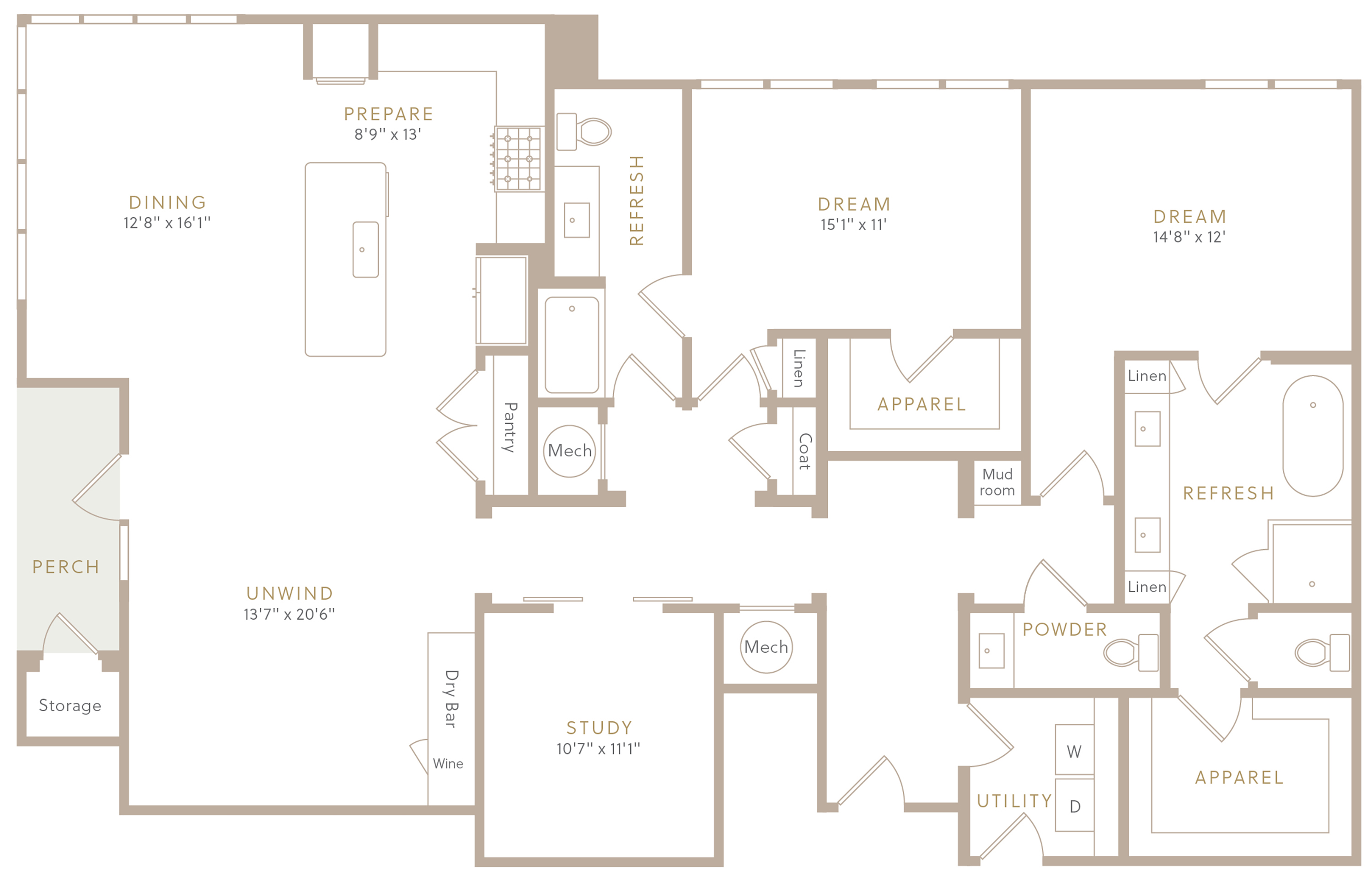 Floor plan for 2 beds, 2 baths